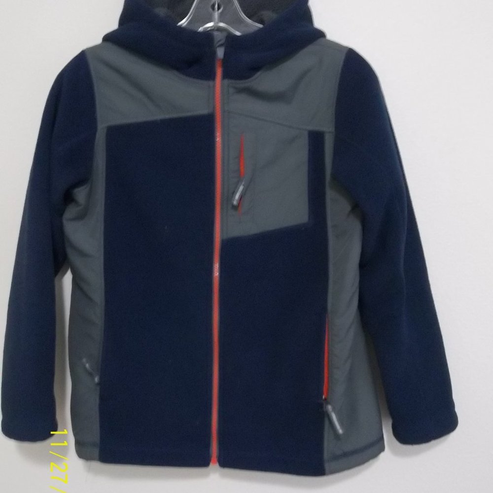 Boys Lands' End Hooded Front Zip Jacket Blue/Gray Size M 10/12